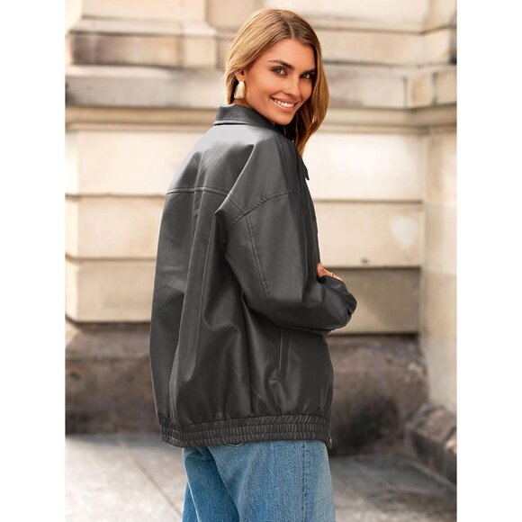 Women Oversized Faux Leather Gray Jacket Button Down Moto Bomber Winter Coat - Picture 4 of 6